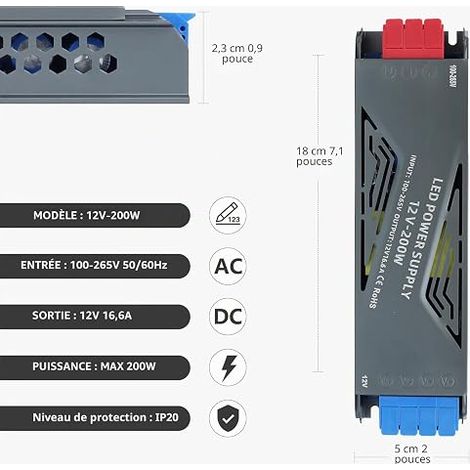 LED Transformer 220V 12V 200W 16.6A Power Supply Driver Ultra Slim LEDs Transfo Switching AC to DC Voltage Converter for Indoor Strip (1/4)