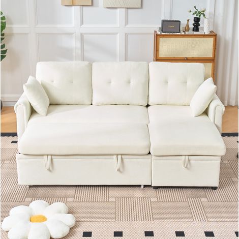 Canapé d'angle convertible avec coffre de rangement, méridienne réversible, tissu beige, 3 coussins et 2 coussins déco pour salon ou chambre d'amis - CHICFURN (1/5)