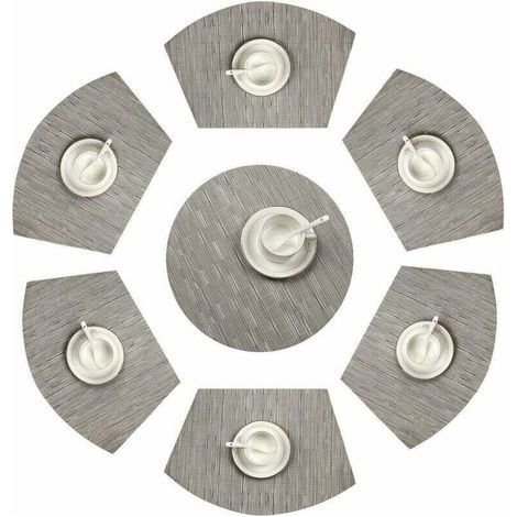 Set of 7 Wedge Placemats 1 Center Round Vinyl Washable Heat Resistant Table Mat(Silver Grey)- (1/4)