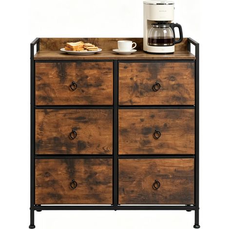Commode à 6 tiroirs en tissu et métal, meuble de rangement robuste 80 cm pour chambre, salon ou entrée, style rétro, noir et brun rustique  CHICFURN (1/5)