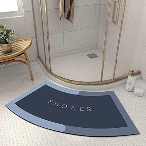 Tapis de Douche Incurvé Diatomite, Super Absorbant Tapis de Douche Arrondi en Quart de Cercle, Lavable Tapis Douche Angle Antidérapant pour Sortie de Cabine Douche,Bleu,45x100CM (1/4)