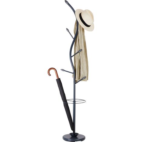 Idimex – Porte-manteaux 6 crochets en métal laqué gris – Finitions en bois massif – Porte-parapluie intégré – Design moderne en forme d'arbre