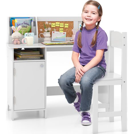COSTWAY Kids Table and Chair Set Children Study Table w/ Hutch-White (1/5)