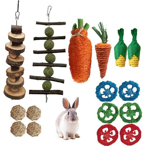 Jouets à mâcher pour lapins : balle en herbe, ficelle, balle en rotin, loofah, carotte. Convient également aux hamsters, chinchillas (1/5)