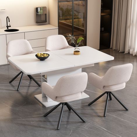 Ensemble de salle à manger avec table et 4 chaises, chaise de salle à manger en tissu Sherpa, fauteuil lounge à quatre pieds en métal, table de salle à manger extensible, table de salle à manger avec