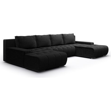 Petits-Meubles – Canapé U 5 places convertible coffre – Tissu velours côtelé 100% polyester – Ouverture facile avec système de dépliage automatique – Noir (1/5)