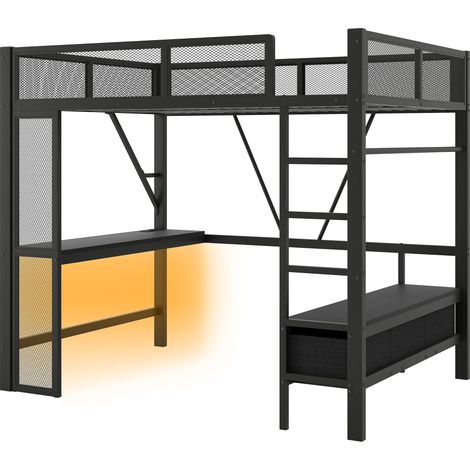 Letto a soppalco in metallo 140 x 200 cm nero con USB, LED, scrivania e 3 cassetti (1/5)