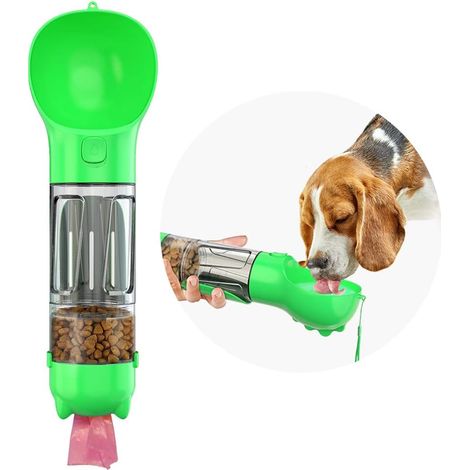 Bouteille d'eau portable pour chien, distributeur d'eau 4 en 1 avec gamelle, compartiment de rangement pour nourriture, sac à déjections, pelle à déjections, sans BPA (vert)-AquaForge (1/4)