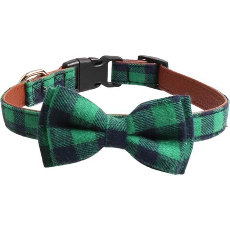 collar para perro, pajarita desmontable, algodón transpirable, estampado de tartán verde, ajustable para perros pequeños. (1/5)