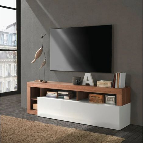 Meuble TV HAMBURG – Blanc laqué brillant / Bois Mercure (1/3)
