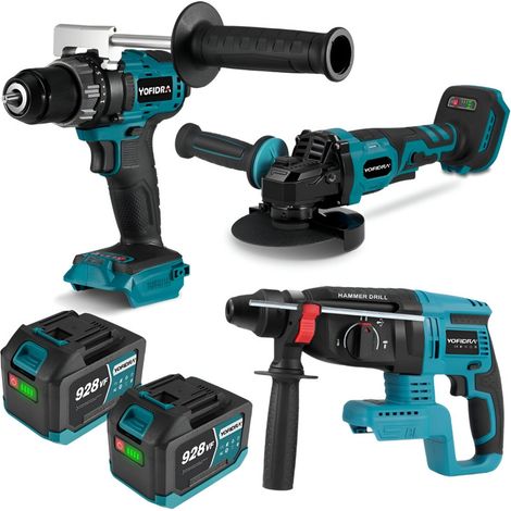 Pack de 4 plusieurs outils électroportatifs,Perceuse à percussion 13 mm+ Perforateur burineur 26mm+ Meuleuse 125mm+ Deux batteries 928Vf et chargeur
