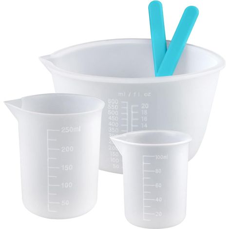 5 Pièces Tasses en Silicone pour Resine Epoxy 100ml/250ml/600ml Verre Doseur en Silicone avec 2 Bâtonnets,Réutilisable Tasses à Mesurer Silicon avec Gradué pour Bricolage à Main, Cuisine (1/5)