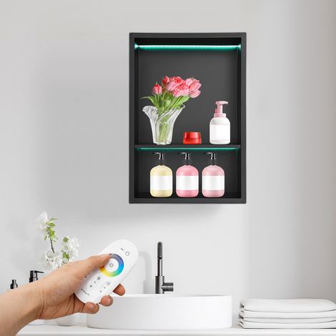 Niche de douche en acier inoxydable noir avec lumières LED 30,5 x 45,7cm – Étagère de douche encastrée avec 2 niveaux de rangement, niche murale de salle de bain imperméable et antirouille (1/5)