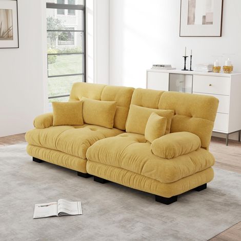 Canapé d'angle en forme de nuage pour salon, canapé deux places en chenille, avec 2 coussins lombaires et 2 coussins décoratifs, structure en bois massif, jaune. (1/5)
