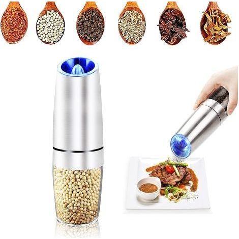 Gravity Moulin à poivre et sel électrique à piles avec lumière bleue et grossissement réglable Fonctionnement à une main Brosse de nettoyage Argenté (1/5)