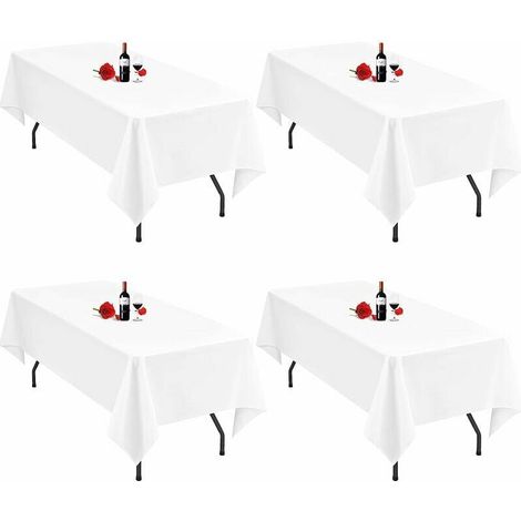 Set mit 4 weißen, waschbaren Polyester-Tischdecken (140 x 250 cm) für rechteckige Tische, Hochzeiten, Partys