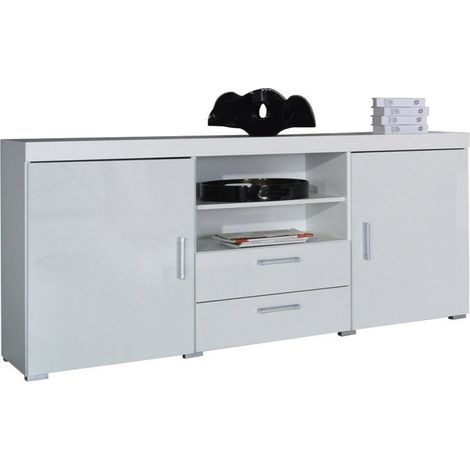 Cómoda Odebeli 105, Blanco + Blanco brillante, Con cajones y puertas, Número de cajones: 2, 80x164x45cm (1/4)