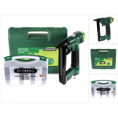 Prebena 1XR-A16 Luftdruck Druckluftnagler im Transportkoffer + A-BOX 9.000 Heftklammern / Staples