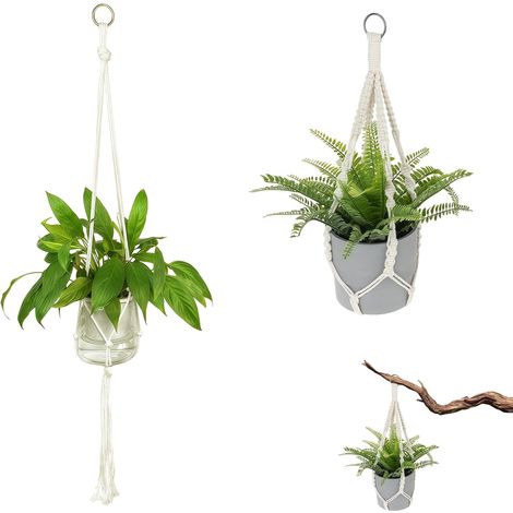 Lot de 2 Suspensions Macramé 55 et 90 cm Corde en Coton avec Crochets Métal, Suspension Plante Bohème Intérieur Extérieur Décoration Balcon Salon Fenêtre (1/5)