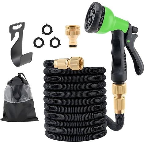Expandable Garden Hose 30m/100ft, Garden Hose with 1/2 Inch and 3/4 Inch Adapters, Retractable Flexible Hose with Multi-Function Gun, Brass Fittings, Hook and Storage Bag (Green) (1/5)
