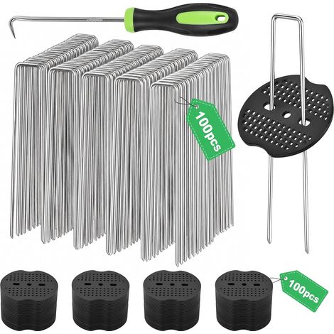50 Pièces 15x3cm Ø3mm Piquets de Jardin Agrafes de Fixation pour Toile de Paillage Piquets Gazon Artificiel Sardines de Fixation agrafes de Paysage Forme de U avec 100 Rondelles Crochet de Crochet (1/5)