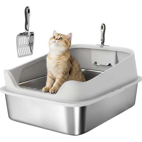 Katzentoilette Edelstahl Offene Katzenklo mit Schaufel hohem Rand für große Katzen bis 12 kg 69,8 x 50,3 x 29,8 cm Grau (1/5)