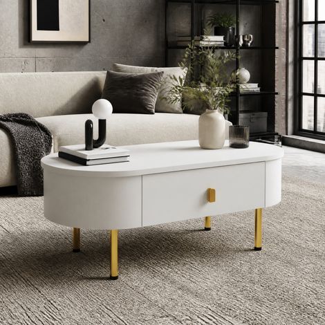Table basse avec 2 tiroirs, pieds et poignées dorés, 108 x 50 x 40 cm, MDF blanc DESVIAE (1/5)