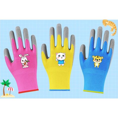 Gants de Jardinage pour Enfants, 3 Paires Safety Gants de Jardinage pour Enfants de 5 à 9 Ans, Paume en Caoutchouc Une Résistance à L'eau et à La Saleté, Protégez les Mains de Votre Enfant (1/5)