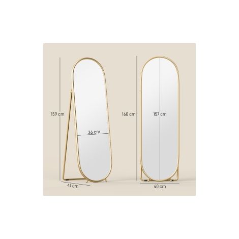 Miroir ovale doré 160 x 40 cm sur pied avec cadre métallique et fixation murale pour salon, chambre et dressing (1/5)