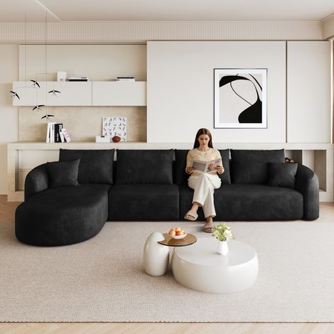 Canapé d'angle en L de 336 cm, canapé compressé en mousse, canapé modulable sans armature, canapé compressé pour salon, chambre, appartement, aucun montage requis, noir (1/5)