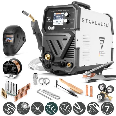 STAHLWERK Soldadora MIG/MAG 200 Doble Pulso Pro – Equipo completo – Totalmente sinérgica con 200 A, función MMA (Electrodo/ARC), función de pulso y doble pulso, memoria, incl. antorcha AK-25/MB25 (1/5)