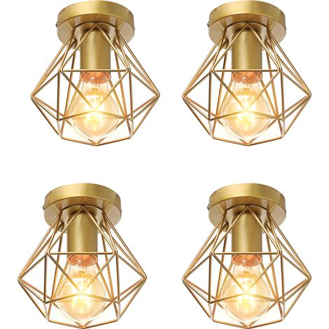 4x Pendelleuchte Antik, Ø16cm Mini Diamant-Form Kronleuchter, Vintage Hängelampe mit Käfig für Wohnzimmer Schlafzimmer Esszimmer Gold