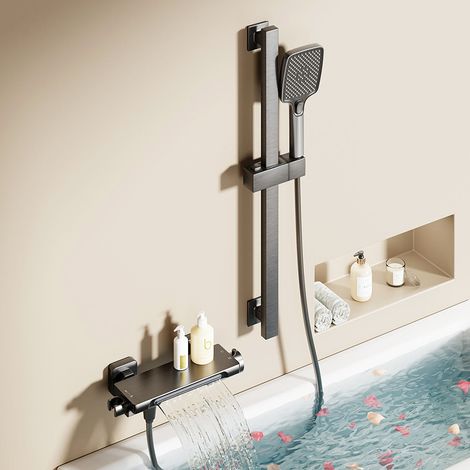 Ensemble de Douche à Cascade en Laiton Massif Gris Gun, Robinet de Baignoire Murale avec Réglage en Hauteur, pour Salle de Bain (1/5)