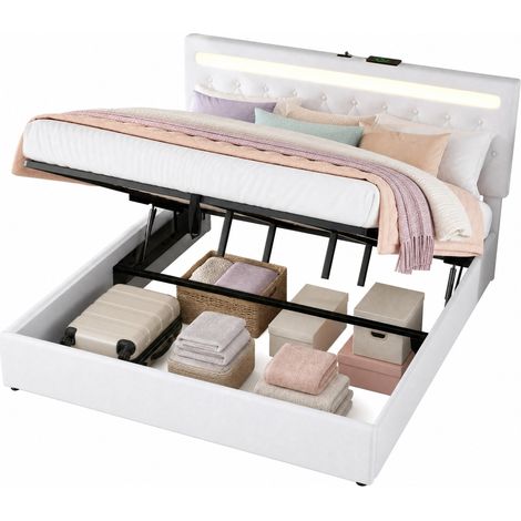 Lit coffre 180x200 cm capitonné, avec rangement hydraulique, LED d’ambiance à couleurs variables, ports USB et USB-C, blanc CHICFURN (1/5)