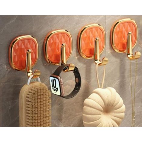 Cuatro ganchos acrílicos autoadhesivos, aptos para baños, cocinas, dormitorios, etc., resistentes al agua, de color naranja. (1/5)