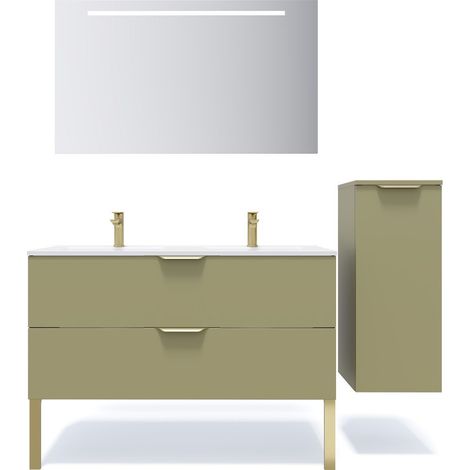 Meuble de salle de bain suspendu double vasque intégrée 120cm 2 tiroirs Vert olive + miroir + colonne ouverture droite - Venice (1/5)