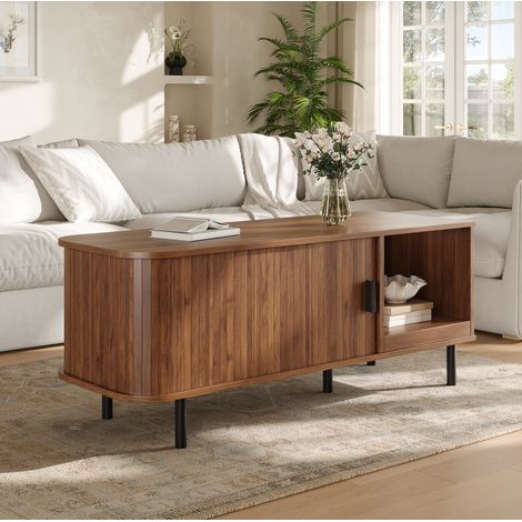 Mesa de centro 110x40x55 cm, puerta corredera, almacenaje abierto, MDF y tablero de partículas, nogal (1/5)