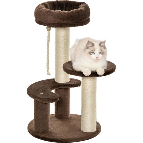 Arbre à Chat 3 Niveaux avec Plateformes, Coussin et Poteaux Sisal, Tour Griffoir Doudou, Marron 40x65 cm (1/5)