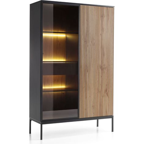 Selsey – Vitrine haute 2 portes avec tiroir et éclairage LED – Noir et chêne Wotan – 166 cm de hauteur, 104 cm de largeur, 39 cm de profondeur (1/5)