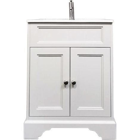 Meuble salle de bain à poser 60 cm blanc mat avec vasque lavabo et plan céramique, meuble sous vasque élégant avec rangement pratique et durable (1/4)