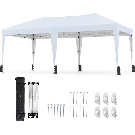 Tente Pliante 6 x 3M, Tonnelle Pop-up Portable d'Extérieur avec Sac à Roulettes, 12 Piquets, 6 Cordes Coupe-Vent, 6 Sacs de Sable, pour Camping, Blanc (1/5)
