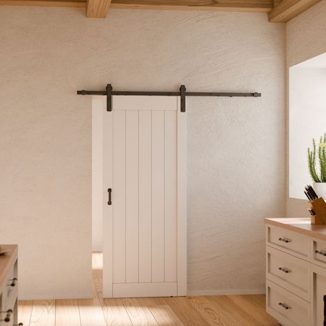 Porte coulissante 90 x 215 cm pleine intérieure en bois, blanche, système ouvert noir (1/5)