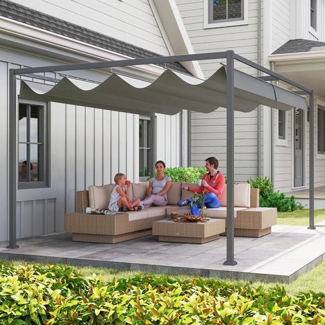 Schiebepergola, einziehbare Pergola 4 x 3 m, korrosionsbeständiger, epoxidbeschichteter Metallrahmen, 180 g/m² dunkelgraues Polyestergewebe