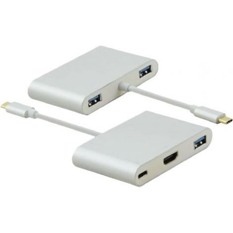 Helos Dockingstation, USB 3.1 Type-C St/3xUSB 3.0/HDMI/Type-C Bu, PREMIUM silber