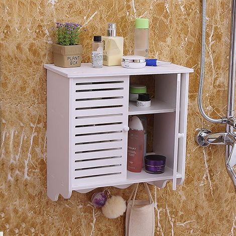 Wandschrank Hängeschrank Badezimmerschrank 2 Fächer Badschrank Wandmontage mit Türen und 3 Haken, Weiß (1/5)
