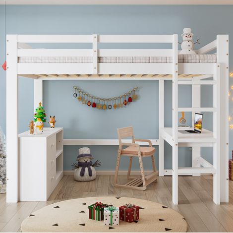 Cama alta infantil con escritorio, cajonera y estantería, 90x200 cm, madera maciza+MDF, blanca, somier de láminas (1/5)