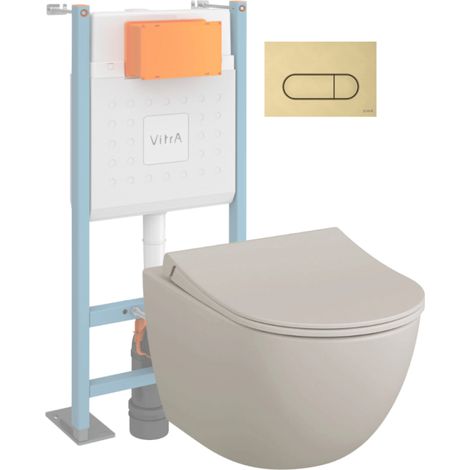 Pack inodoro suspendido VITRA Sento lino mate + Estructura de pie V-Fix Core + Placa Round negro mate (1/3)