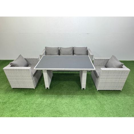 Fimous Patio Garden Furniture Sets with Black Glass Top Dining Table Armchair 3 Seater Sofa Light Grey (1/4)
