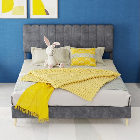 Cama tapizada de tela gris y metal 140x200 cm, cabecero suave, montaje sencillo (1/5)