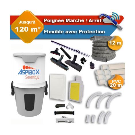 Aspirateur central ASPIBOX Serenity2 garantie 4 ans + flexible rétractable 12 m avec housse de protection + poignée marche/arrêt + 7 accessoires + kit 1 prise RETRAFLEX + kit prise balai (rayon d'acti (1/5)